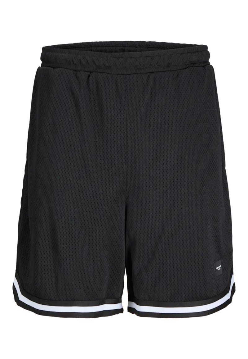 Zwarte mesh sportshorts met een ontspannen pasvorm, elastische tailleband en witte gestreepte accenten aan de zoom. Lichtgewicht en ademend ontwerp.