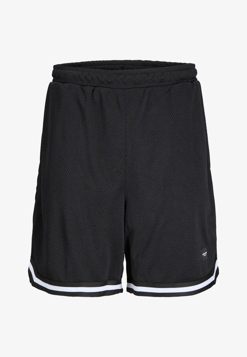 Juodi tinkliniai sportiniai šortai su laisvu siluetu, elastingu juosmeniu ir baltais dryžiais ant apatinės dalies. Lengvas ir kvėpuojantis dizainas.