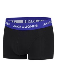 Boxers noirs avec une large ceinture violette comportant l'inscription blanche "JACK & JONES". Fabriqués en tissu doux avec un ajustement confortable.