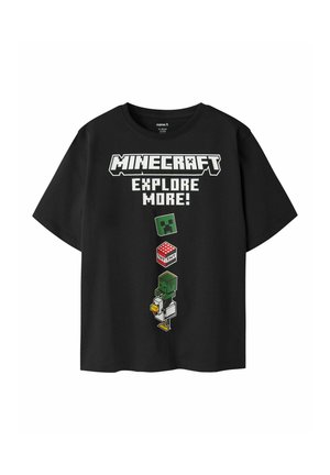 Czarna koszulka z napisem Minecraft i pikselowymi postaciami, w tym twarzą Creepera, blokiem TNT i humanoidalną postacią trzymającą kurczaka.