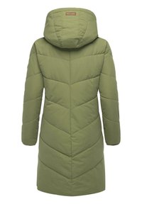 Padded zielona kurtka w wzór w zygzak, z kapturem i długimi rękawami. Posiada metkę z Logo z tyłu, blisko dekoltu.
