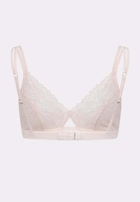 Kanten bralette in zachtroze met bloemenpatroon, driehoekige cups, verstelbare banden en haak-en-oogsluiting aan de achterkant.