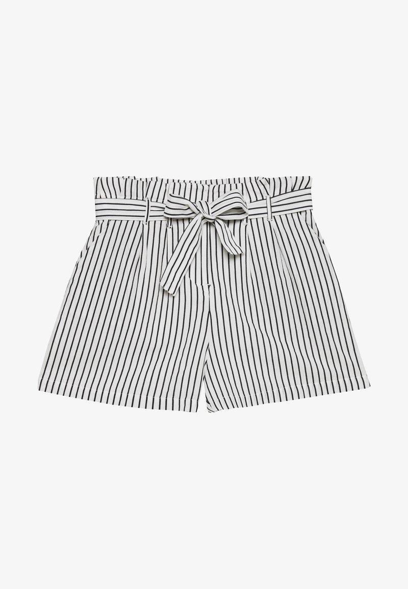 Černobílé pruhované kraťasy s páskem na zavazování, vyrobené z lehkého materiálu. Obsahují sklady a postranní kapsy pro přidané detaily.