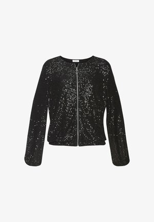 Giacca nera a maniche lunghe con cerniera frontale e tirante tondo, coperta da piccoli paillettes lucenti per un effetto scintillante.
