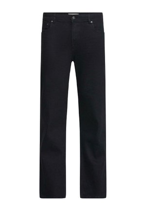 Schwarze Jeans mit geradem Bein, vorne mit Knöpfen und Taschen, vor weißem Hintergrund dargestellt, ohne sichtbares Markenlogo oder Verzierungen.