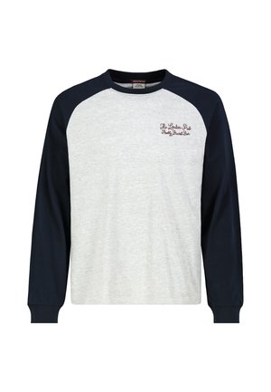Long-sleeve crew neck shirt with light gray front, dark navy sleeves, and small embroidered text on left chest.