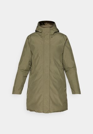 Olive green insulated parka with a high collar, adjustable hood, zippered front, and side pockets, made from a smooth, water-resistant fabric.