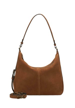 Sac à épaule en daim marron avec une seule sangle et une autre sangle amovible et réglable placée à l'avant.