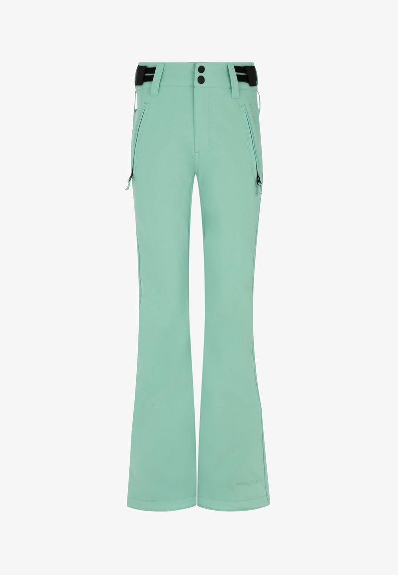 Pantaloni da sci verde menta chiaro con un design a gamba dritta, cintura elastica con due bottoni e tasche laterali con zip. Tessuto dalla consistenza liscia.