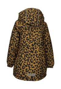 Takki leopardinkuosisessa ruskeassa ja mustassa, jossa on huppu, elastiset hihansuut ja heijastavat yksityiskohdat. Valmistettu kevyestä, vettä hylkivästä materiaalista.