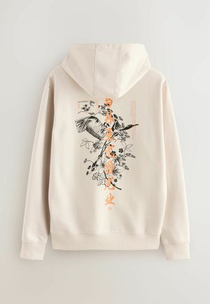 Beige hoodie with a hood, featuring a black and orange bird and floral design on the back, textured fabric, ribbed cuffs and hem.