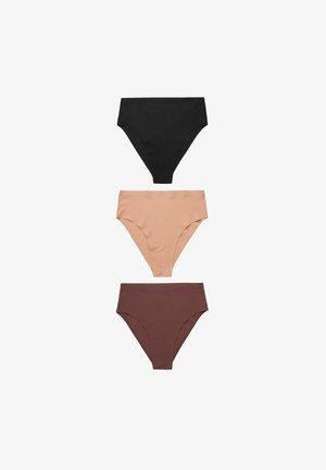 Drei Paar Slips in verschiedenen Farben: schwarz, nude und braun. Hergestellt aus glattem, dehnbarem Stoff mit einem hohen Taillendesign.