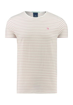 Hvid kortærmet t-shirt med tynde lyserøde vandrette striber og et lille lyserødt logo på venstre bryst.