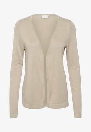 Cardigan beige à manches longues, à ouverture avant avec un col en V et une texture tricotée, étiqueté avec la marque "Kaffe" à l'intérieur du col.