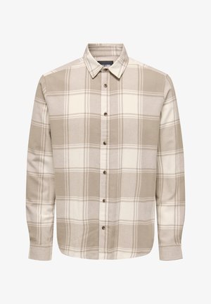 Camisa de manga longa em padrão xadrez bege e branco, com colarinho tipo botão e botões de madeira, tecido texturizado com um acabamento suave.