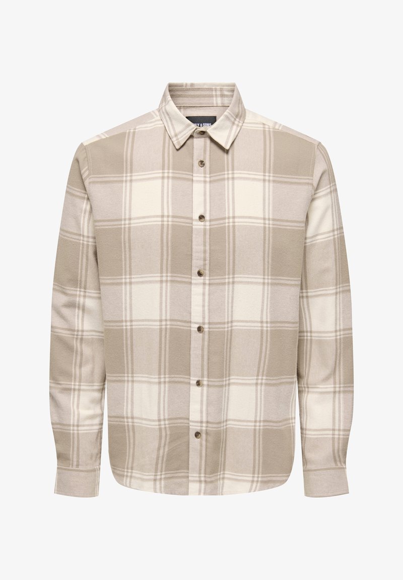 Chemise à manches longues à carreaux beige et blanc, avec un col boutonné et des boutons en bois, tissu texturé avec une finition douce.