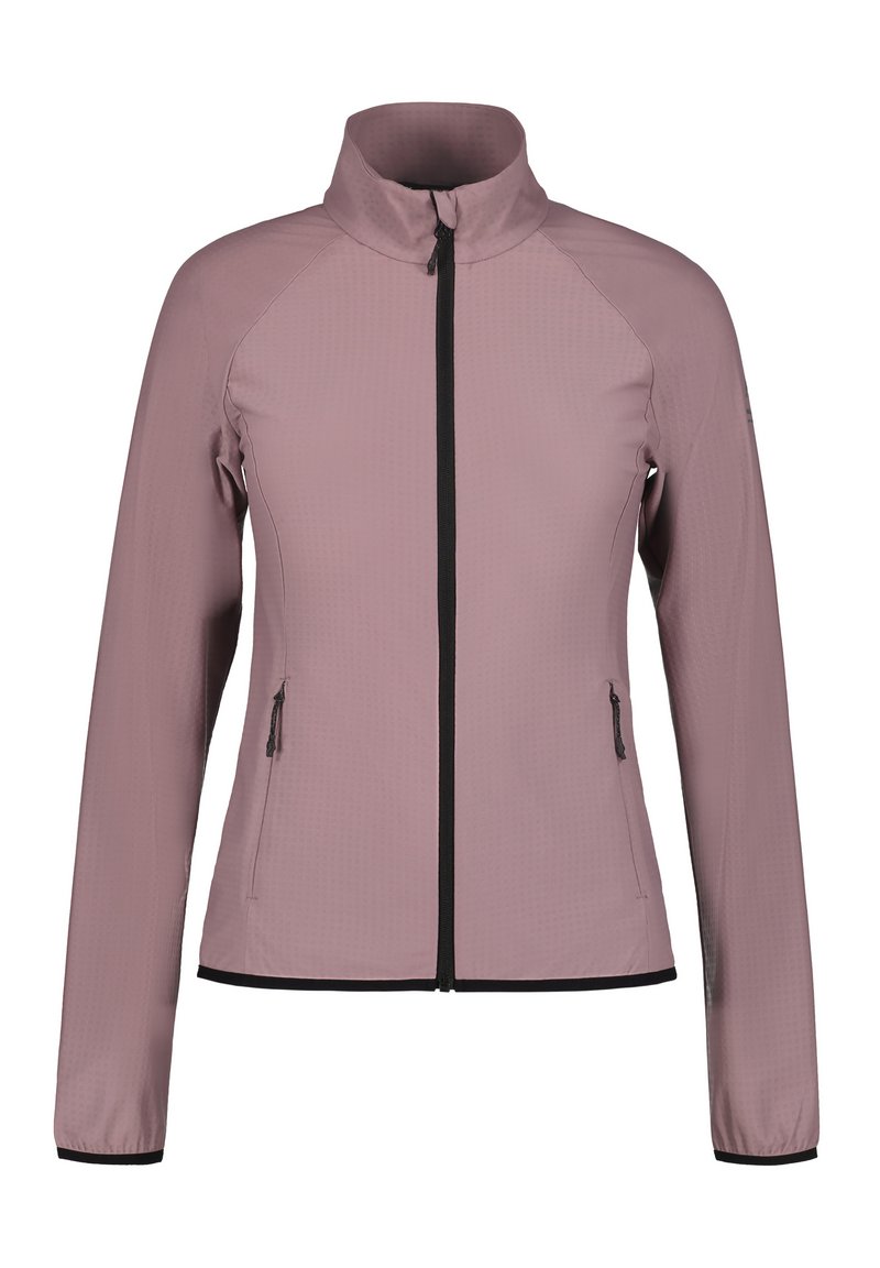 Lätt, mauve-färgad jacka med hög krage, full dragkedja fram och två sidfickor med dragkedja. Har en texturerad design och svarta detaljer.