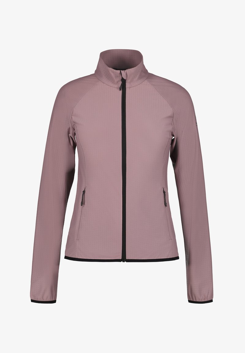 Lätt, mauve-färgad jacka med hög krage, full dragkedja fram och två sidfickor med dragkedja. Har en texturerad design och svarta detaljer.