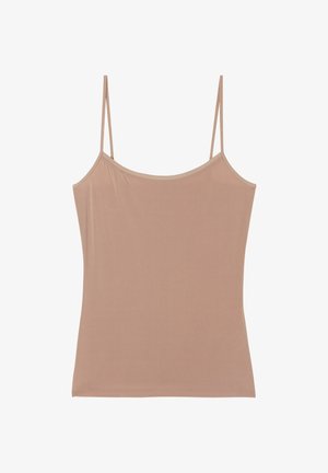 Nacktop aus nude-farbenem Material mit dünnen, verstellbaren Trägern, hergestellt aus einem glatten, leichten Stoff; verfügt über einen Rundhalsausschnitt und eine figurbetonte Silhouette.