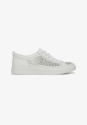 White lace-up sneakers made of leather with cutout perforations on the sides and a rubber sole, featuring a low-profile design.