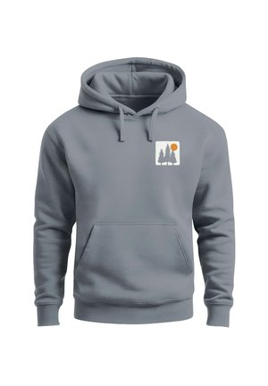 Gray sweatshirt with a hood, front pocket, and a graphic of two trees and a sun. Made from a soft material with a smooth texture.