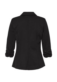 Czarna dopasowana damska marynarka z marszczonymi rękawami do łokcia i szerokim kołnierzem, pokazana od tyłu na białym tle.
