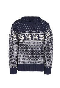Marinblå stickad tröja med vita renar och geometriska mönster, ribbade muddar och fåll, med rund halsringning.