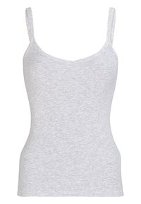 Szary, prążkowany top na ramiączkach z cienkimi paskami, z dekoltem w serek i koronkowym wykończeniem brzegów. Miękki, elastyczny materiał o dopasowanym kroju.