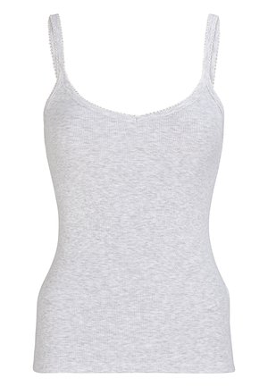Grijze geribbelde tanktop met dunne bandjes, een V-hals en kantafwerking langs de randen. Zachte, rekbare stof met een aansluitende pasvorm.