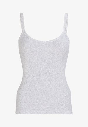 Szary, prążkowany top na ramiączkach z cienkimi paskami, z dekoltem w serek i koronkowym wykończeniem brzegów. Miękki, elastyczny materiał o dopasowanym kroju.