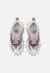 Sneakers featuring a combination of purple suede and mesh, white accents, round toe, and thick, gray rubber outsole. Laces and pull tab included.