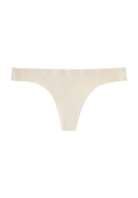 Culotte en thong beige avec une texture lisse, un design minimaliste et une taille fine. Couverture totale à l'arrière, sans coutures visibles.
