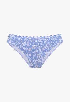 Blue bikini bottom with white floral pattern and scalloped waistband edging on a plain background.