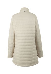 Fløjlsfarvet quiltet jakke med lange ærmer og opretstående krave, set bagfra mod en hvid baggrund.