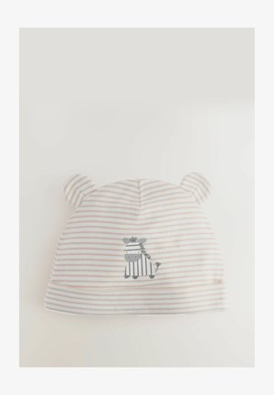 Gestreifte Babymütze in Weiß und zartem Rosa, mit runden Ohren und einem Zebra-Graphic in Grau mit Streifen und einer Haarsträhne.