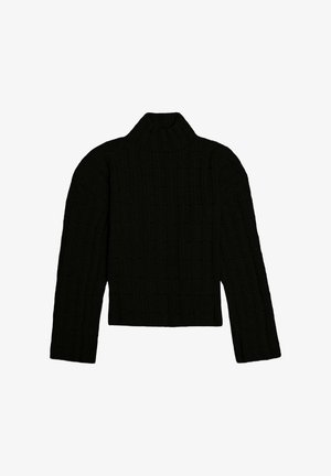 Czarny sweter z dzianiny o prążkowanej fakturze, z wysokim kołnierzem i długimi rękawami, o pudełkowym kroju i skróconej długości. Bez widocznych zapięć.