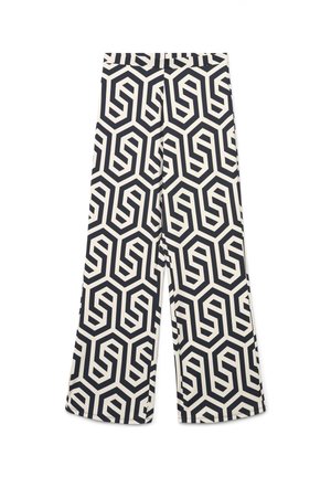 Wide-leg pants with a black and white geometric hexagon pattern, featuring a high waist and a straight fit.