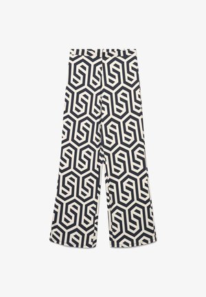 Wide-leg pants with a black and white geometric hexagon pattern, featuring a high waist and a straight fit.