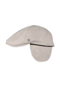 Grå ullkeps med ett runt topp, bred skärm och öronlappar. Har en metall-logoknapp och en texturerad tygoverflata.
