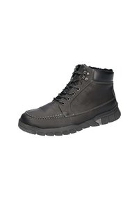 Botas de tobillo de cuero negro con un acabado texturizado, diseño de cordones, cuello acolchado y suela de goma con un patrón de banda de rodadura segmentado.