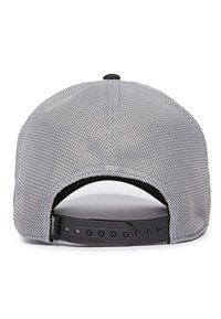 Gray mesh baseball cap with a black adjustable strap at the back. Features a round crown and ventilation holes for breathability.