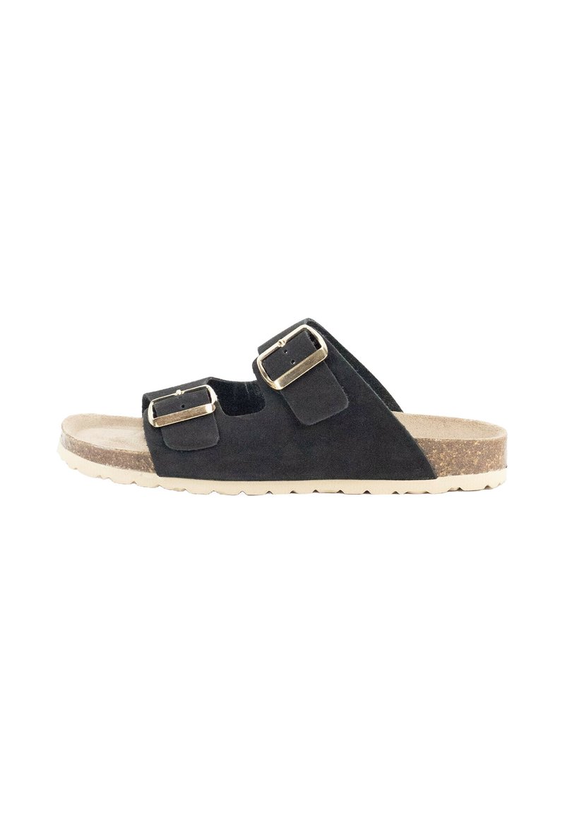 Sandal de ante negro con dos hebillas ajustables, plantilla texturizada beige y suela curvada. Diseño ligero adecuado para uso informal.
