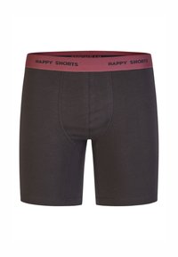 Pánské tmavě šedé boxerky s bordó elastickým pasem, na kterém je logo "HAPPY SHORTS". Měkký materiál se těsným střihem a šitými švy.