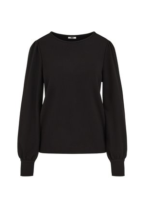 Melnā blūze ar garām piedurknēm, apaļu kakla izgriezumu, pūstām piedurknēm, piegulošām aprocēm un teksturētu audumu, attēlota uz balta fona.