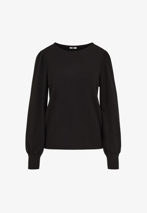 Čierna blúzka s dlhým rukávom s okrúhlym výstrihom a nadýchanými rukávmi, priliehavé manžety a textúrovaná tkanina, zobrazená na bielom pozadí.