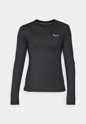 Cămașă neagră cu mânecă lungă, dintr-un material texturat, cu decolteu rotund și un mic logo alb pe piept.