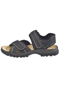 Schwarze Leder-Sandalen mit verstellbaren Riemen, einer strukturierten Innensohle und einer Gummisohle mit einem Profilmuster für besseren Halt.