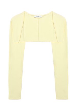 Blasses gelbes, kurzes Bolerojäckchen mit langen Ärmeln und rundem Ausschnitt, gefertigt aus weichem Stoff.