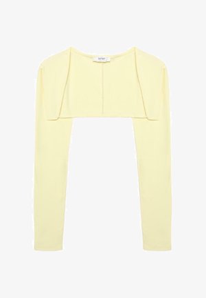 Blasses gelbes, kurzes Bolerojäckchen mit langen Ärmeln und rundem Ausschnitt, gefertigt aus weichem Stoff.