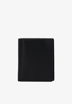 Czarny skórzany portfel o gładkiej fakturze, minimalistycznym designie i logo wytłoczonym w dolnym prawym rogu.